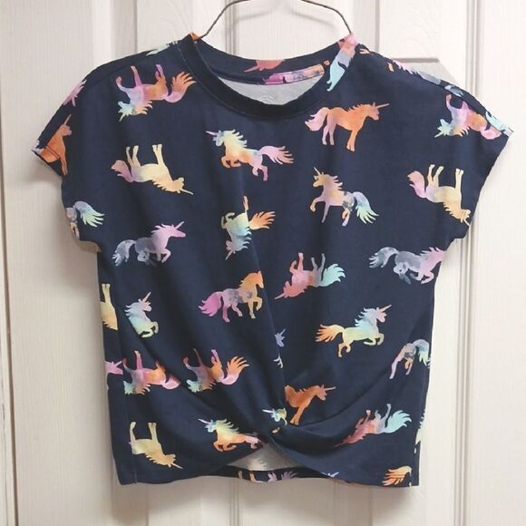 WONDER NATION Girls Cinched Front Cropped at Waist Pullover Navy Unicorn Top 7/8 - Picture 1 of 7